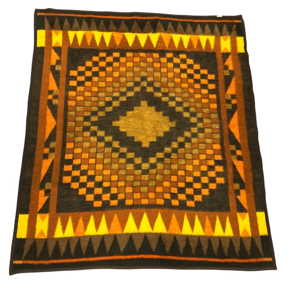 Vintage Biederlack Acrylic Fleece Aztec Blanket Orange Brown Yellow